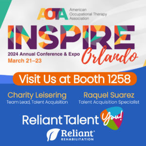 AOTA Inspire 2024 Annual conference & Expo graphic with Charity Leisering and Raquel Suarez of Reliant Rehab extending an invitation to connect at the event.