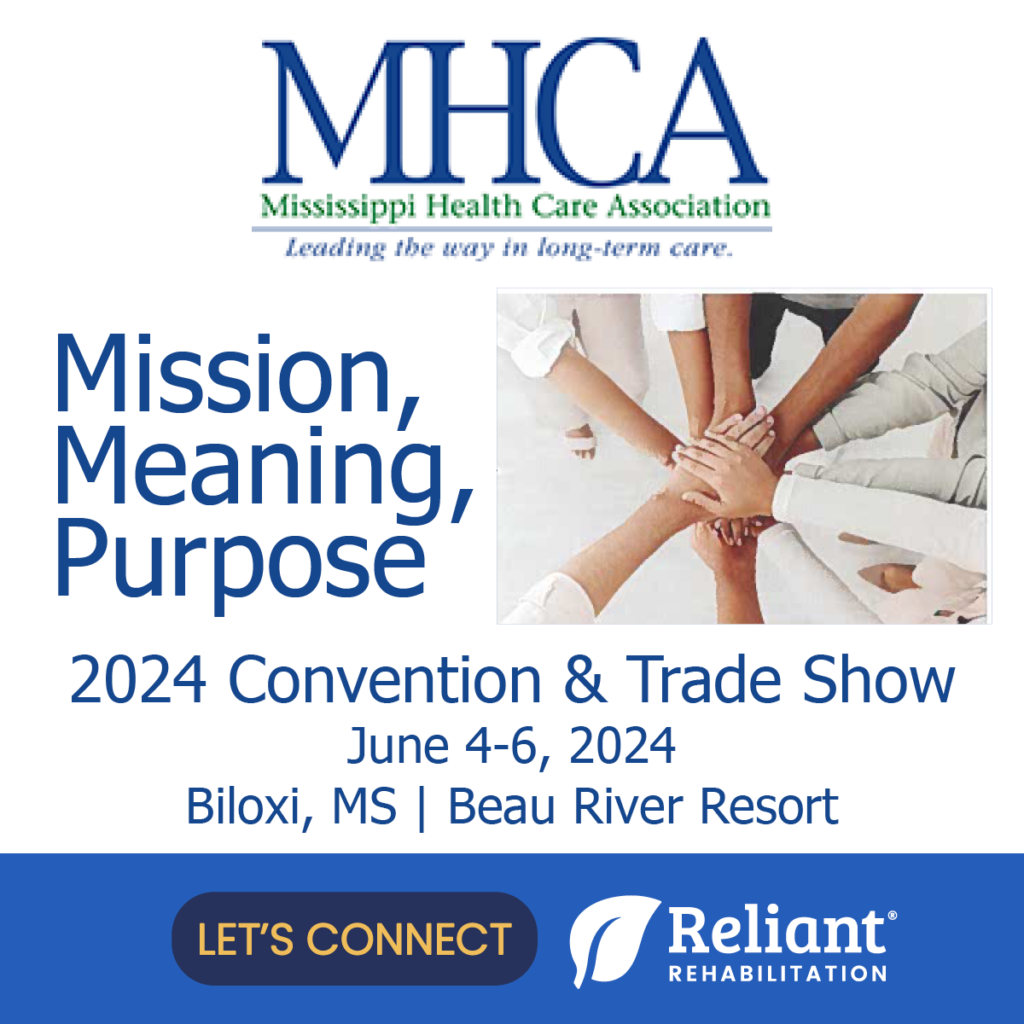 Graphic of ​MHCA 2024 Convention and Trade Show with Reliant Rehab inviting you to connect at the event.