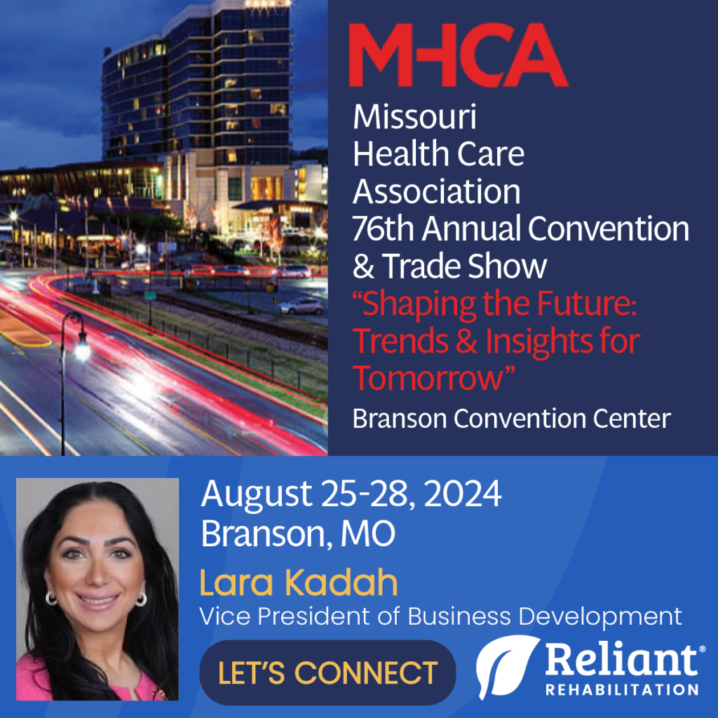 Graphic of MHCA 76th Annual Convention & Trade Show with Reliant Rehab inviting you to connect at the event.